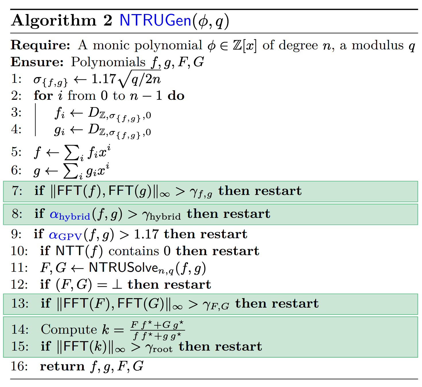 Listing of Algorithm 2 from Falcon, with highlighted lines where keys that do not meet particular equations are rejected.